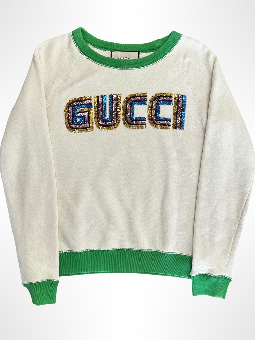 Gucci Cream Crewneck Sweater with Green Trim and Multicolor Sequin Logo